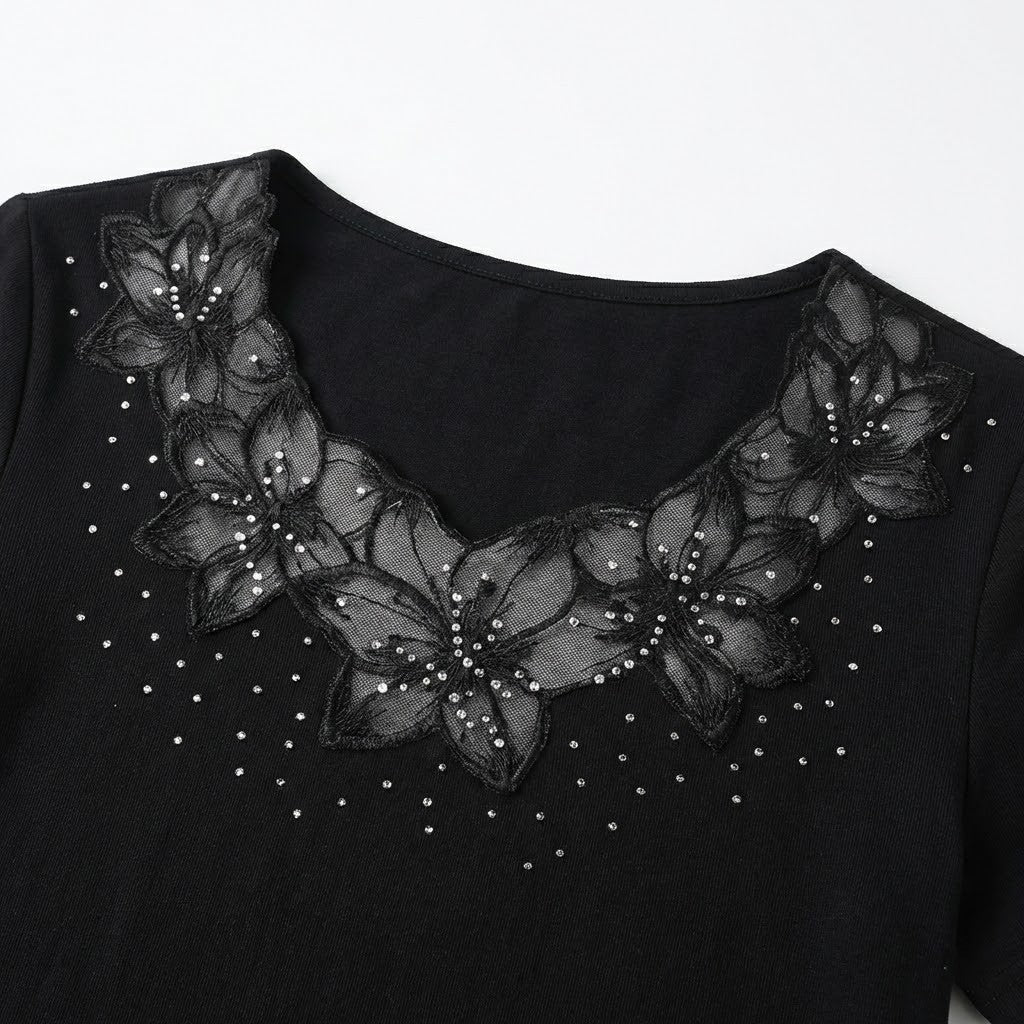 Black Cotton Lace Top – Schwarz – Baumwollmischung – Damen