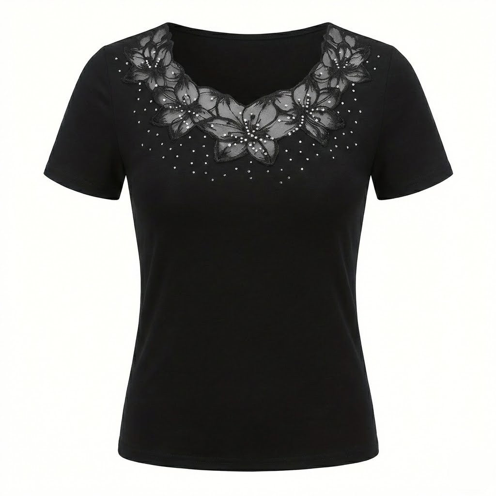 Black Cotton Lace Top – Schwarz – Baumwollmischung – Damen