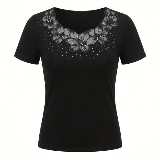 Black Cotton Lace Top – Schwarz – Baumwollmischung – Damen
