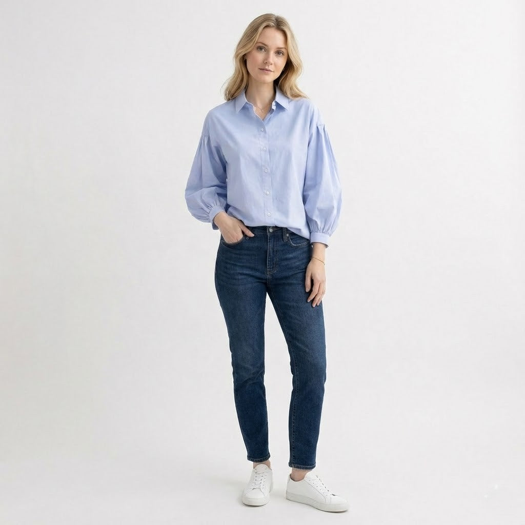 Light Blue Cotton Blouse – Hellblau – Baumwolle – Damen