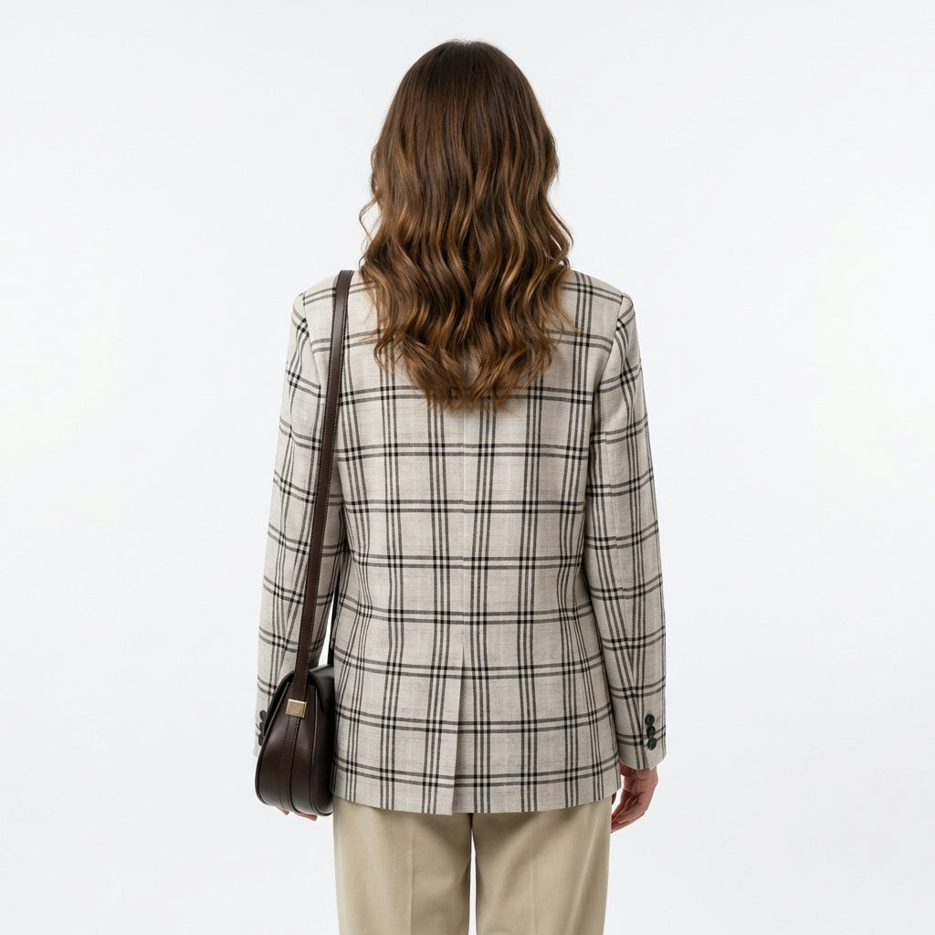 Beige Karierter Blazer – Beige – Baumwollmischung – Damen