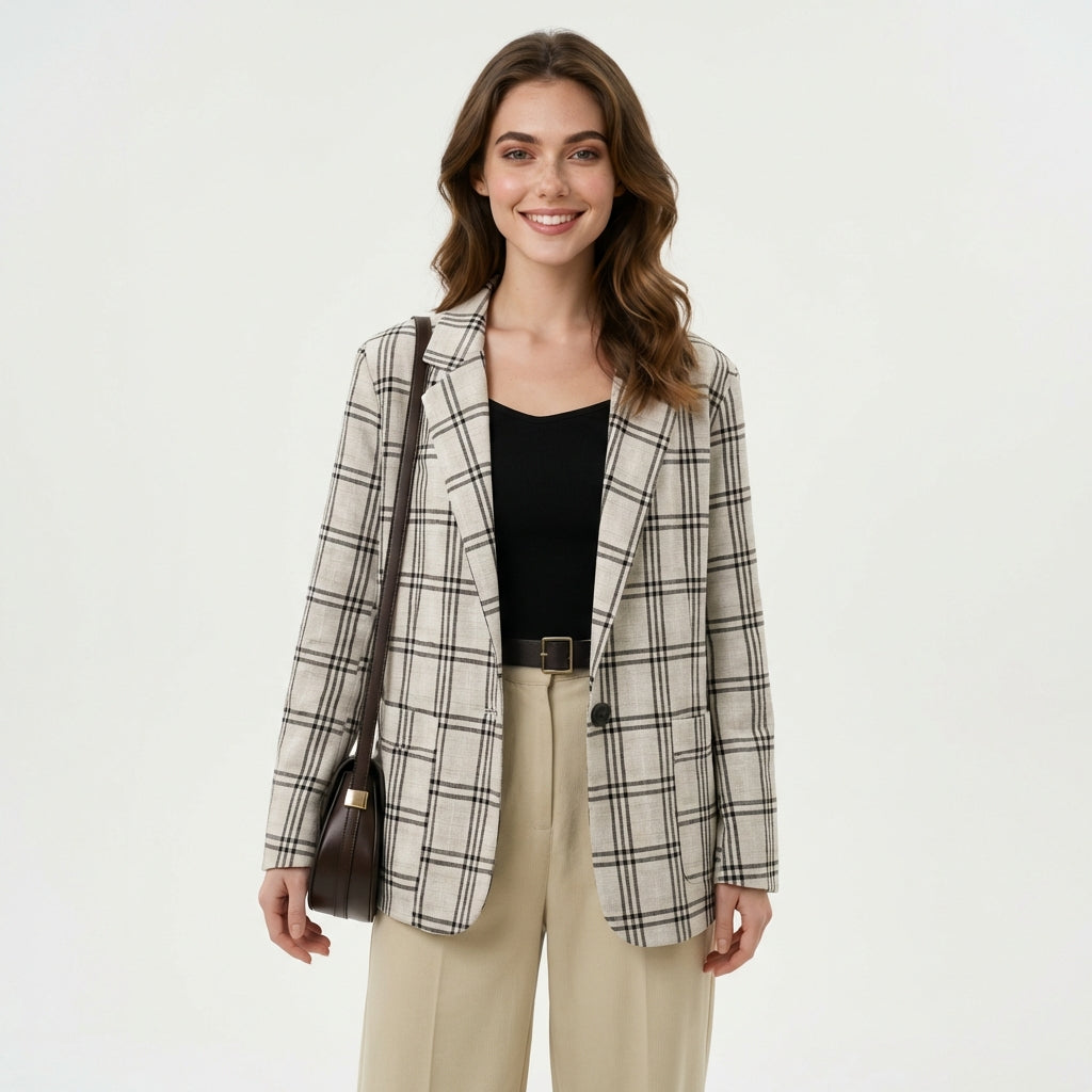 Beige Karierter Blazer – Beige – Baumwollmischung – Damen