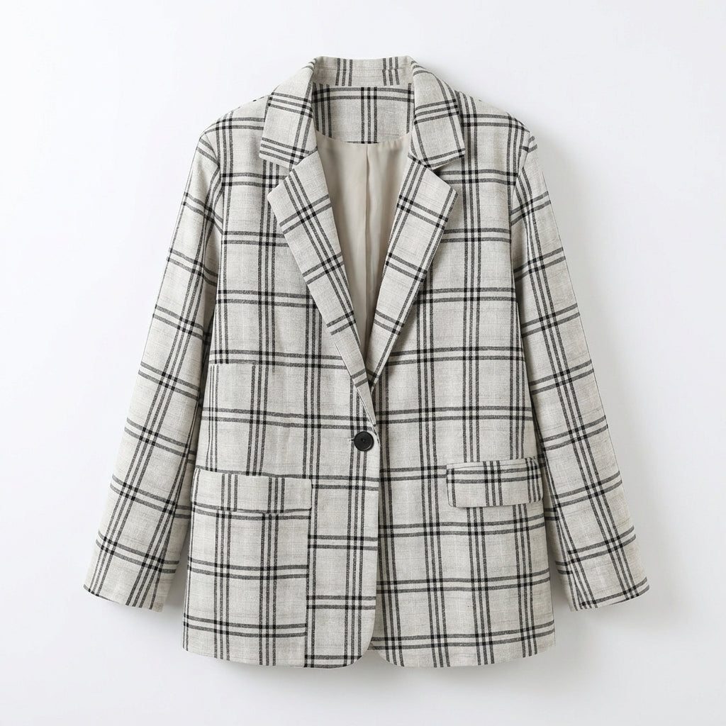 Beige Karierter Blazer – Beige – Baumwollmischung – Damen
