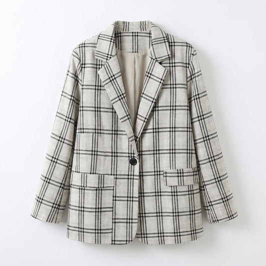 Beige Karierter Blazer – Beige – Baumwollmischung – Damen