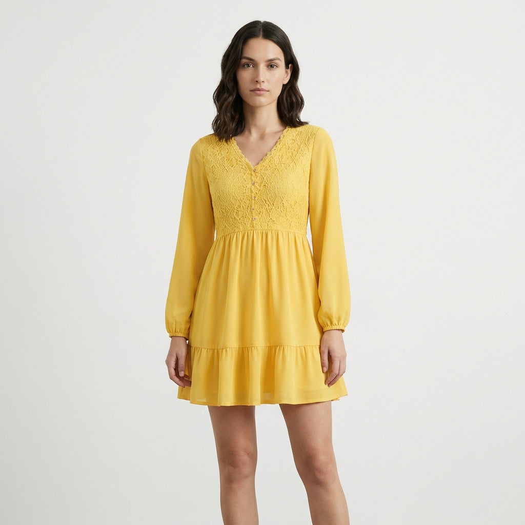 Gelbes Chiffonkleid aus Spitze – Gelb – Chiffon – Damen