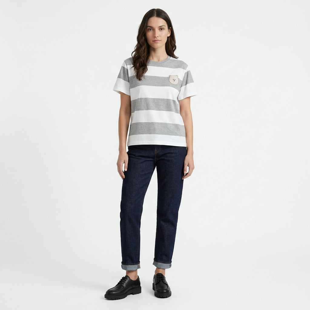 Grey Cotton Striped T-Shirt – Grau – Baumwolle – Damen
