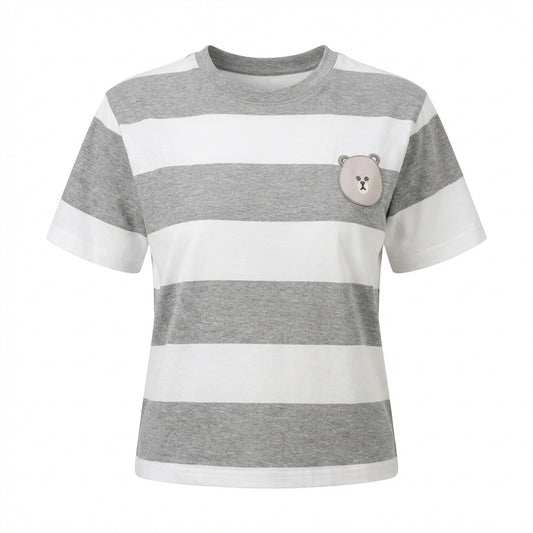 Grey Cotton Striped T-Shirt – Grau – Baumwolle – Damen